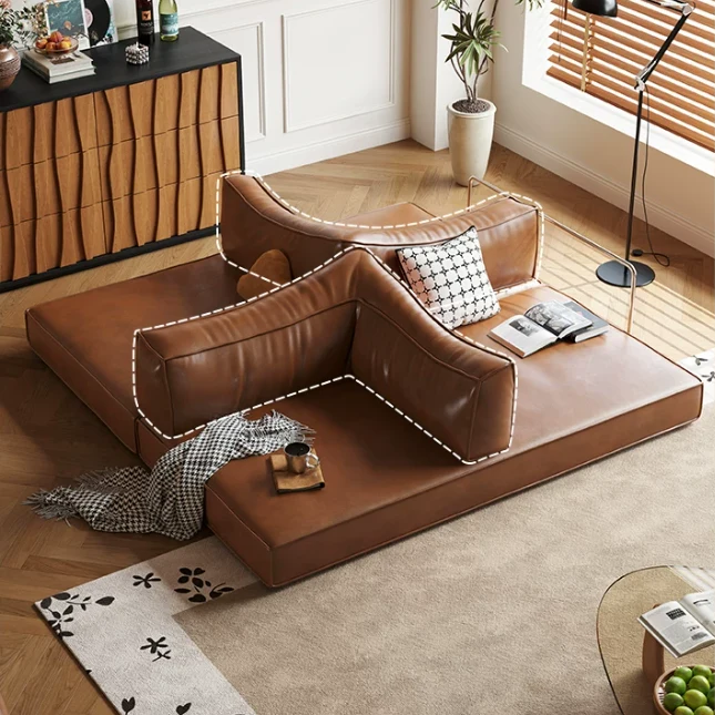 Canapé-lit modulaire sans ossature en cuir ciré à l'huile