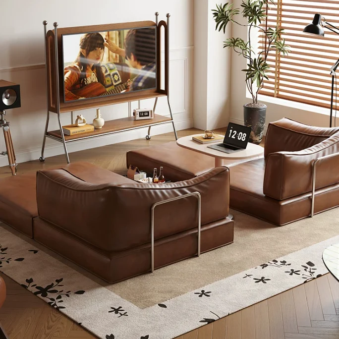 Canapé-lit modulaire sans ossature en cuir ciré à l'huile