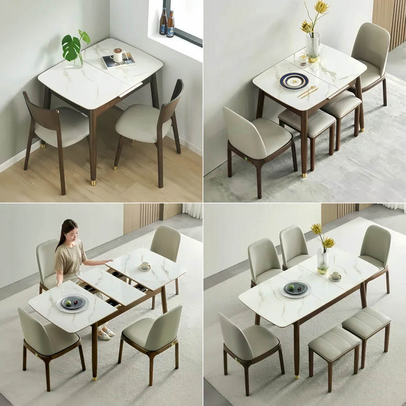 Table de salle à manger extensible en bois massif avec plateau en pierre frittée