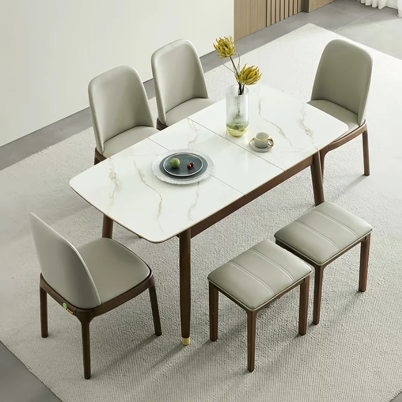 Table de salle à manger extensible en bois massif avec plateau en pierre frittée