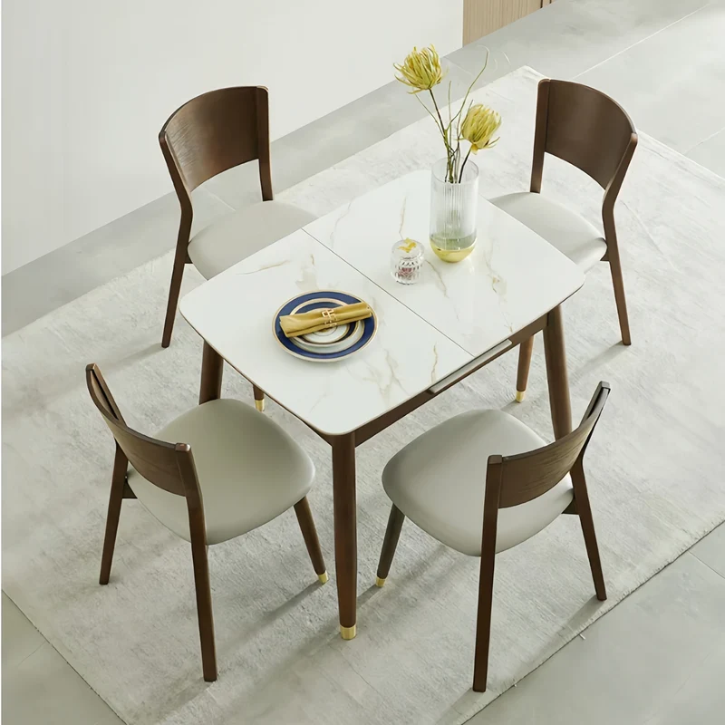 Table de salle à manger extensible en bois massif avec plateau en pierre frittée