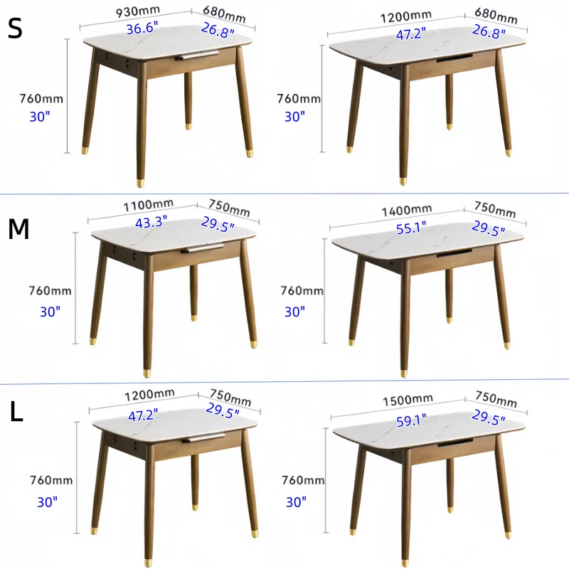 Table de salle à manger extensible en bois massif avec plateau en pierre frittée