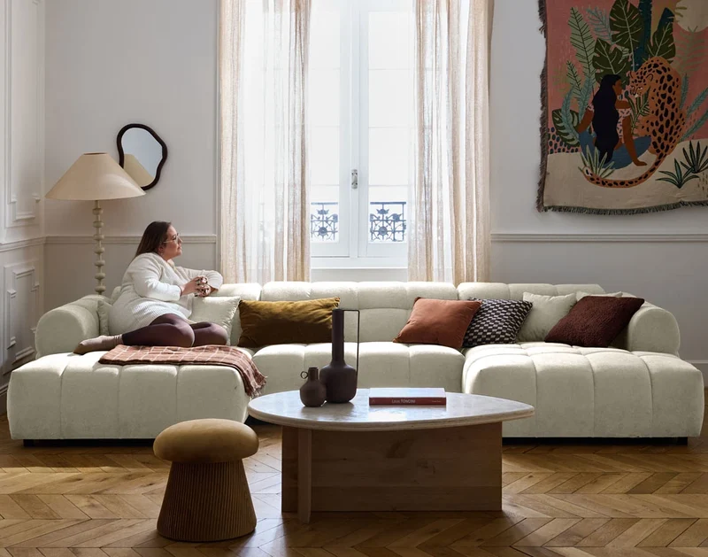 Canapé panoramique BESTMOBILIER 7 places en tissu beige RAY