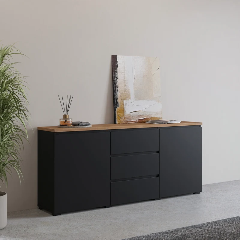 Buffet 2 portes 3 tiroirs Liko Noir et Bois