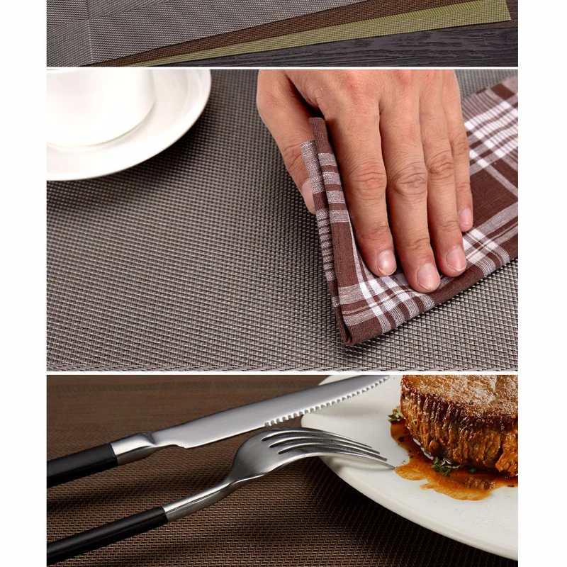 Set de Table en Plastique Rigide de Design Rectangulaire Marron Noir Haute Qualité (4 Pièces)
