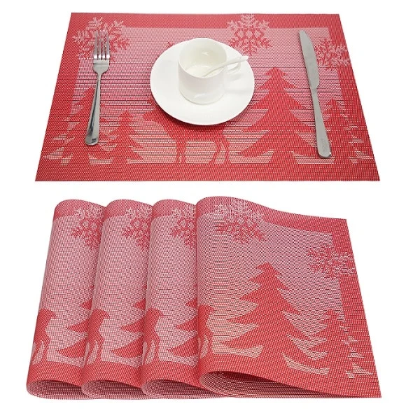 Set de Table Noel en Plastique Rigide de Design Rectangulaire Rouge Haute Qualité (4 Pièces)