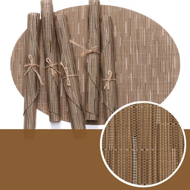 Set de Table Rond Ovale Style Bambou Marron en Plastique Tissu PVC (2 Pièces)