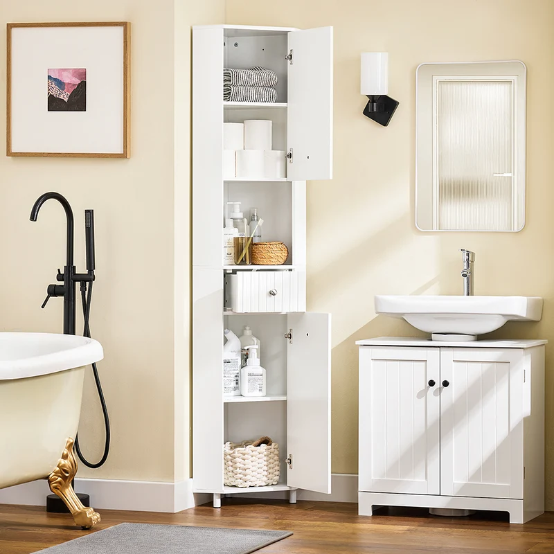 SoBuy BZR193-W Meuble de Rangement d'angle Salle de Bain, Armoire de Rangement Placard de Rangement Étroite, 1 Tiroir, 1 Compartiment Ouvert et 2 Portes