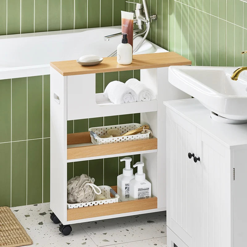 SoBuy BZR190-WN Support Papier Toilette Armoire Porte-Papier Toilette Porte Brosse WC Meuble de Salle de Bain sur roulettes