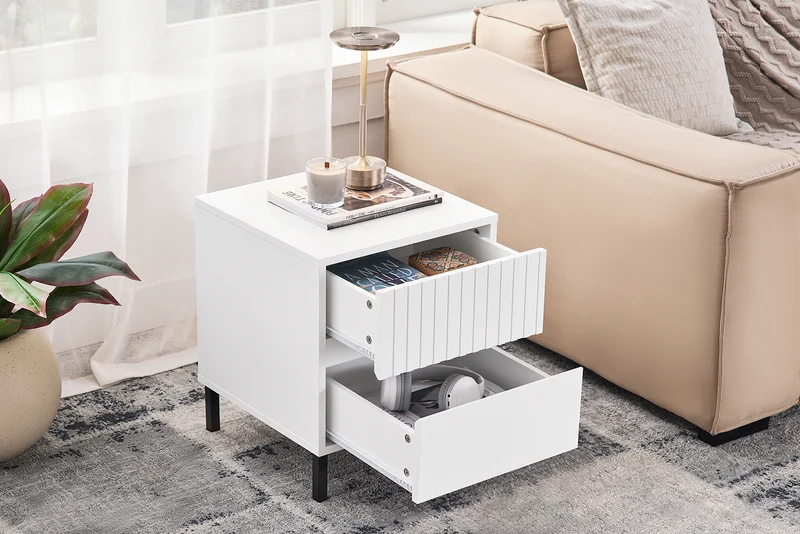 SoBuy FBT157-W Bout de Canapé Table de Chevet Table de Nuit Table d'Appoint Table Basse avec 2 Tiroirs pour Salon, Chambre ou Bureau, Pieds en Métal, L40 x P40 x H48 cm, Blanc