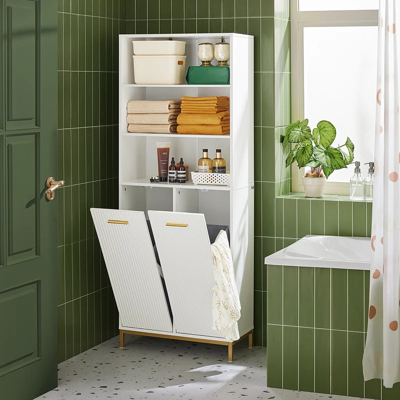 SoBuy BZR182-W Colonne Salle de Bain avec 2 Portes, 2 Paniers à Linge Amovibles et 3 Compartiments Ouverts, pour Salle de Bain et WC – L65×P32×H170 cm, Blanc
