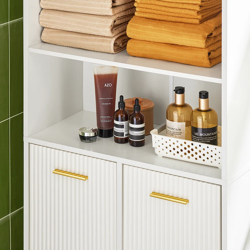 SoBuy BZR182-W Colonne Salle de Bain avec 2 Portes, 2 Paniers à Linge Amovibles et 3 Compartiments Ouverts, pour Salle de Bain et WC – L65×P32×H170 cm, Blanc