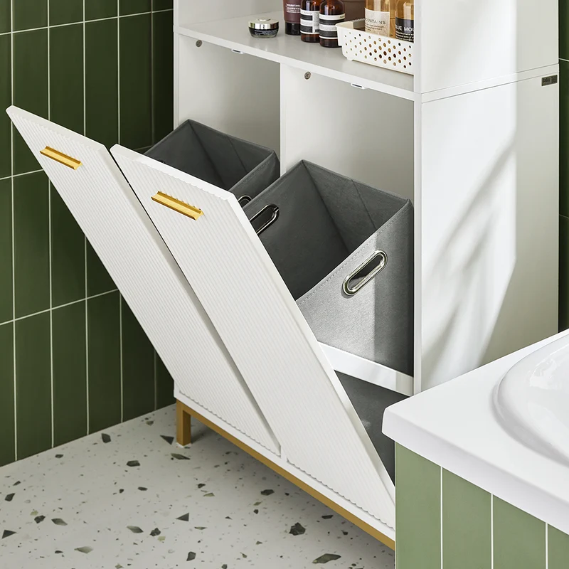 SoBuy BZR182-W Colonne Salle de Bain avec 2 Portes, 2 Paniers à Linge Amovibles et 3 Compartiments Ouverts, pour Salle de Bain et WC – L65×P32×H170 cm, Blanc