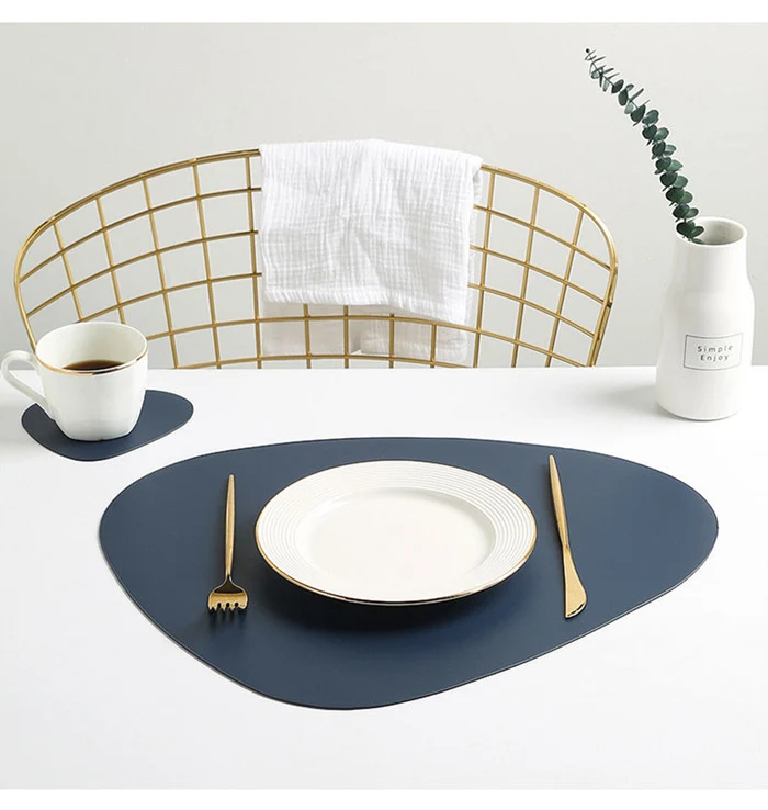 Set de Table Original Design Style Cuir Bleu Foncé Uni Rond Ovale Moderne