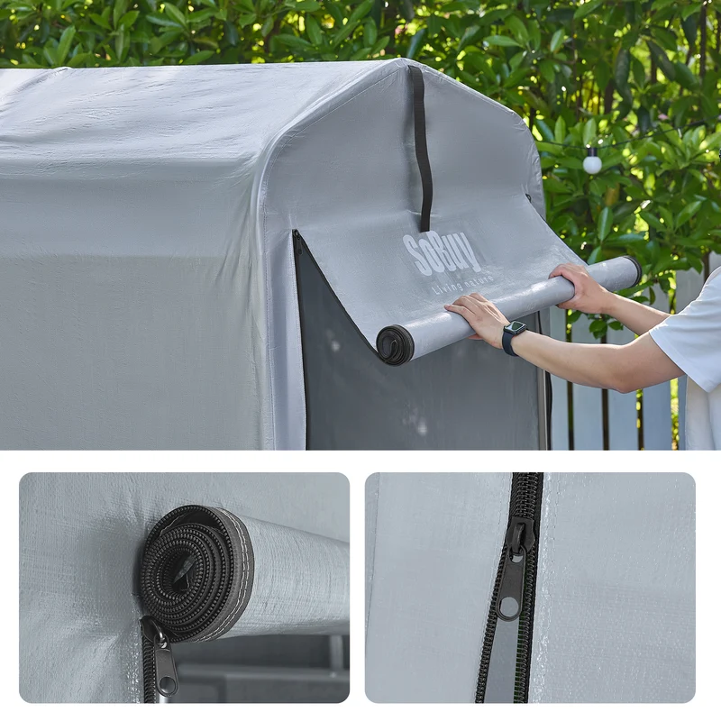 SoBuy SDA11-SIL Bâche pour Abri de Jardin Imperméable, pour Abri Vélo, Moto et Outils, Résistant à l’Humidité, Rangement Optimisé – L120×P176×H163 cm, Argent