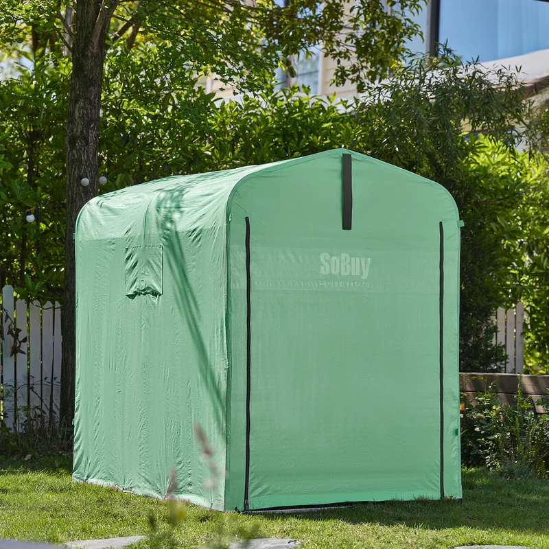 SoBuy KLS11-GR Abri de Jardin Imperméable avec Crochets, pour Vélo, Moto et Outils, Résistant à l’Humidité, Rangement Optimisé – L120×P176×H163 cm, Vert