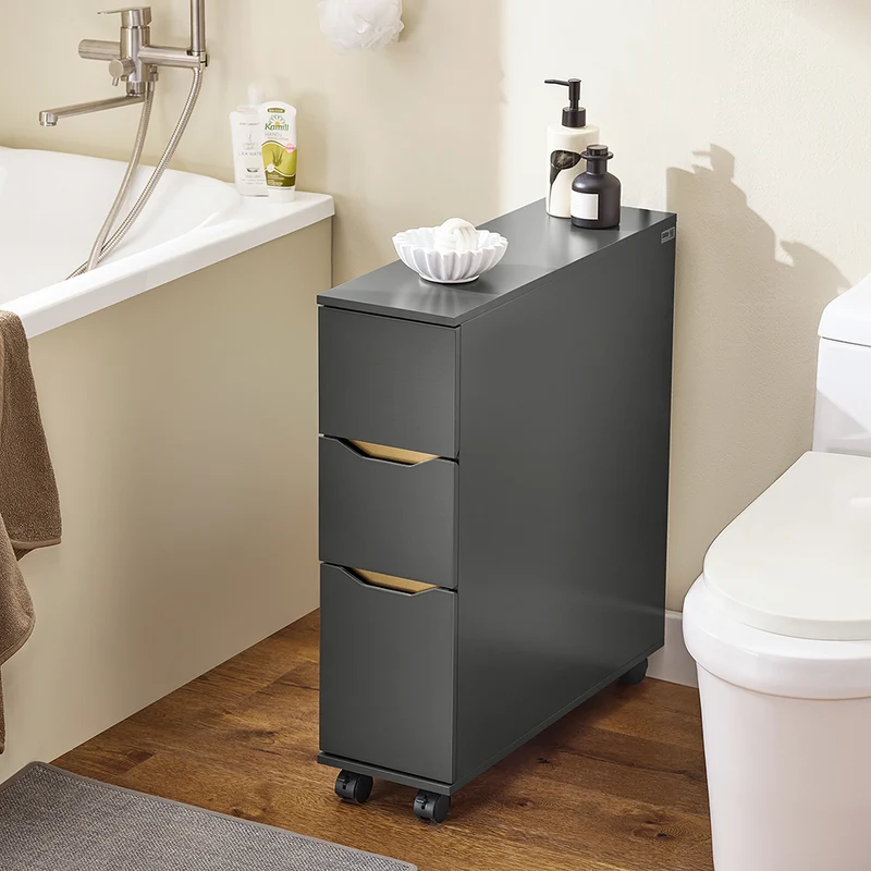 SoBuy BZR191-DG Meuble de Rangement Salle de Bain Étroit sur roulettes, Support Papier Toilette avec roulettes, Armoire Toilettes WC Compact, 3 Tiroirs