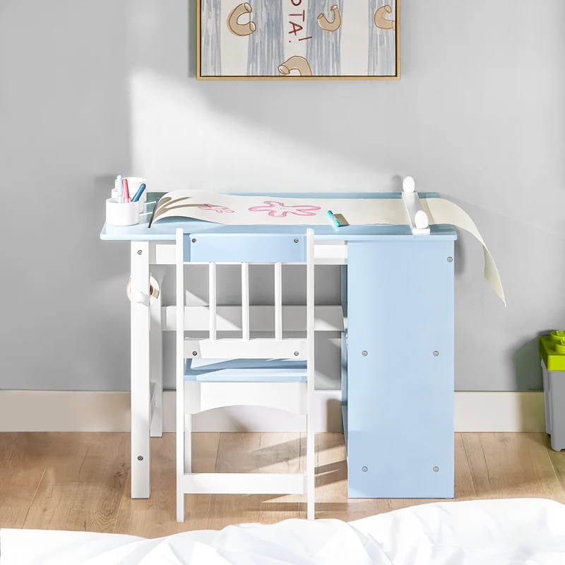 SoBuy KMB60-B Ensemble Table et Chaise pour Enfants Set de 2 Pièces avec Autocollants DIY Bureau pour Enfants avec 3 Porte-Crayons Bleu et Blanc