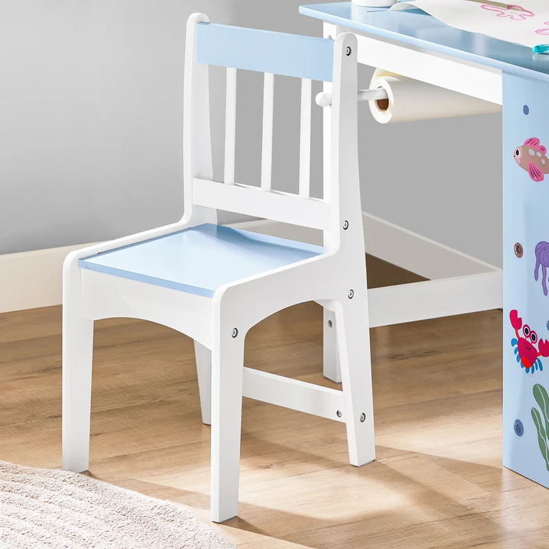 SoBuy KMB60-B Ensemble Table et Chaise pour Enfants Set de 2 Pièces avec Autocollants DIY Bureau pour Enfants avec 3 Porte-Crayons Bleu et Blanc