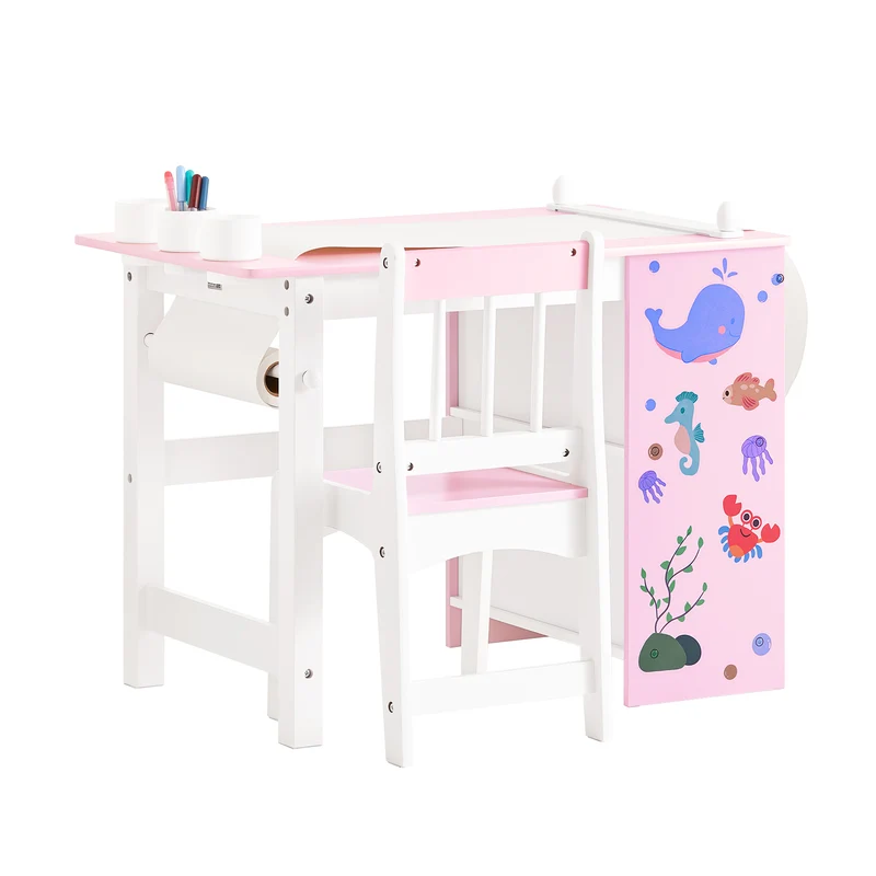 SoBuy KMB116-P Ensemble Table et Chaise pour Enfants Set de 2 Pièces avec Autocollants DIY Bureau pour Enfants avec 3 Porte-Crayons Rose et Blanc