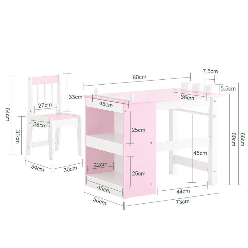 SoBuy KMB116-P Ensemble Table et Chaise pour Enfants Set de 2 Pièces avec Autocollants DIY Bureau pour Enfants avec 3 Porte-Crayons Rose et Blanc