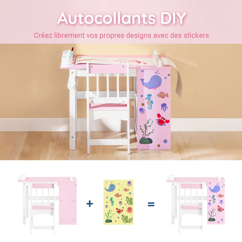 SoBuy KMB116-P Ensemble Table et Chaise pour Enfants Set de 2 Pièces avec Autocollants DIY Bureau pour Enfants avec 3 Porte-Crayons Rose et Blanc
