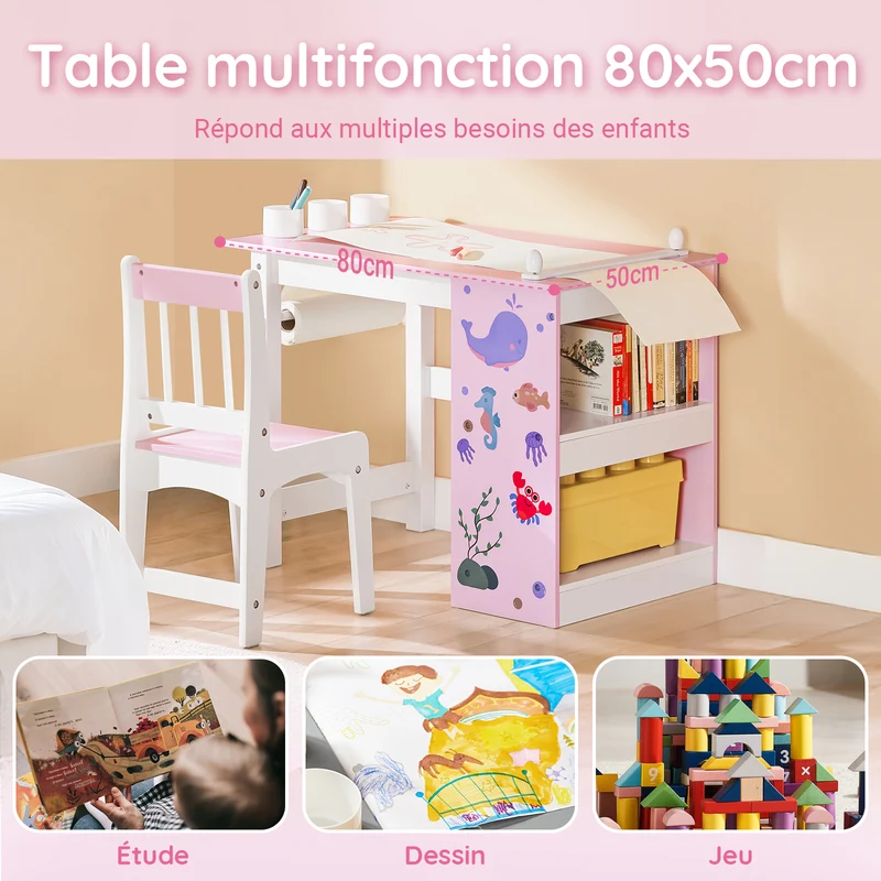 SoBuy KMB116-P Ensemble Table et Chaise pour Enfants Set de 2 Pièces avec Autocollants DIY Bureau pour Enfants avec 3 Porte-Crayons Rose et Blanc