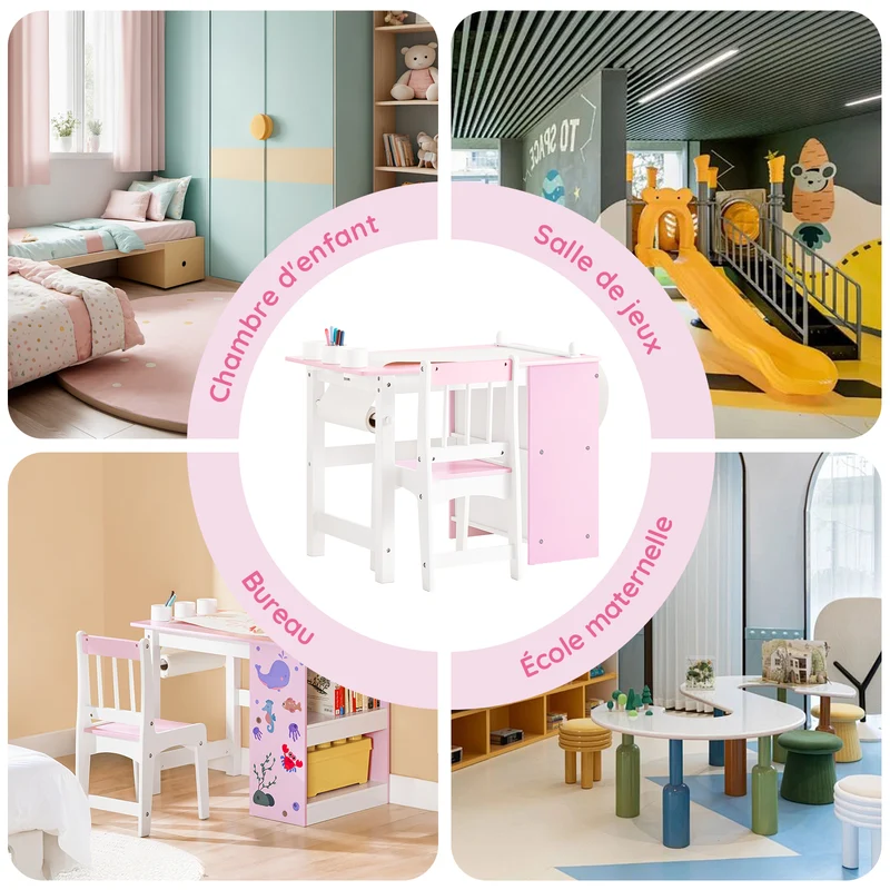 SoBuy KMB116-P Ensemble Table et Chaise pour Enfants Set de 2 Pièces avec Autocollants DIY Bureau pour Enfants avec 3 Porte-Crayons Rose et Blanc