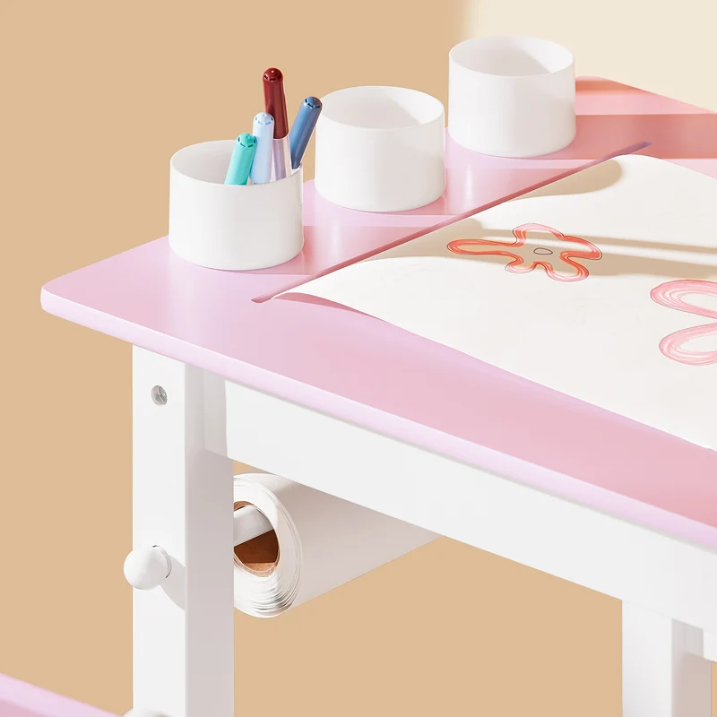 SoBuy KMB116-P Ensemble Table et Chaise pour Enfants Set de 2 Pièces avec Autocollants DIY Bureau pour Enfants avec 3 Porte-Crayons Rose et Blanc