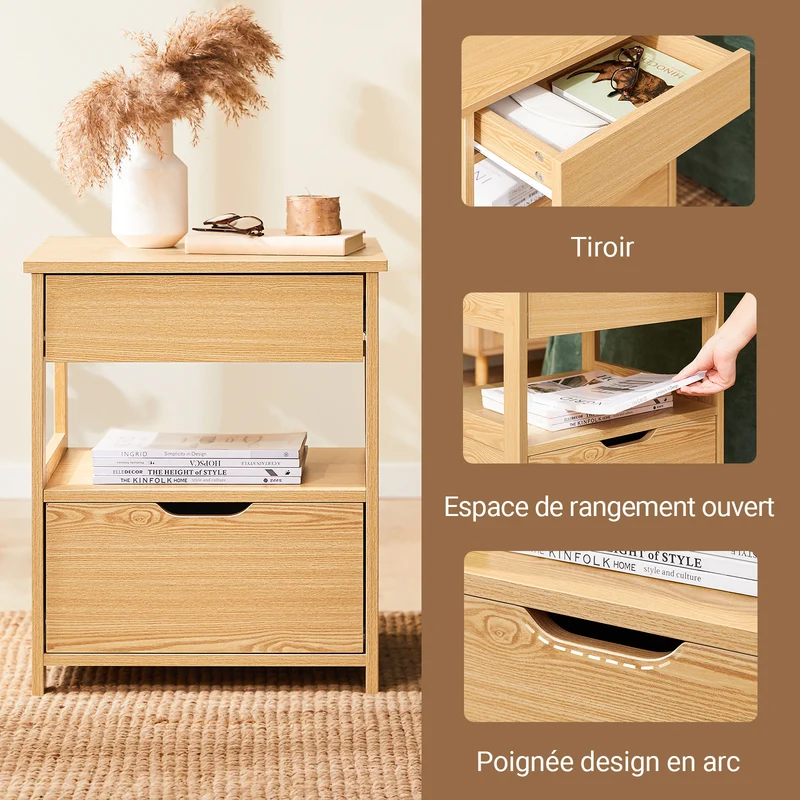 sebuyfr.comG258-N Table de Chevet Bout de Canapé avec 2 tiroirs et 1 étagère