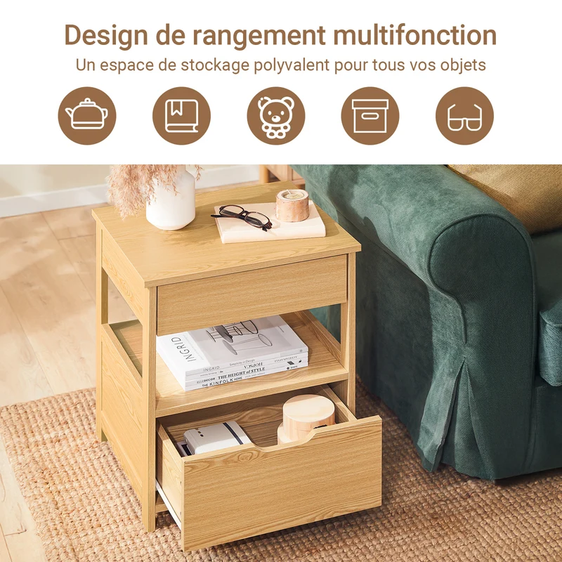 sebuyfr.comG258-N Table de Chevet Bout de Canapé avec 2 tiroirs et 1 étagère