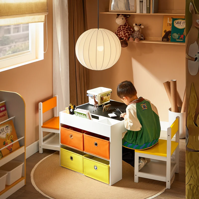 SoBuy KMB75-K-W Ensemble Table et Chaises Enfant Rangement Fonctionnel et Compact, pour Chambre d’Enfant, Rangement Optimisé, Pratique – L60×P60×H50 cm, Blanc