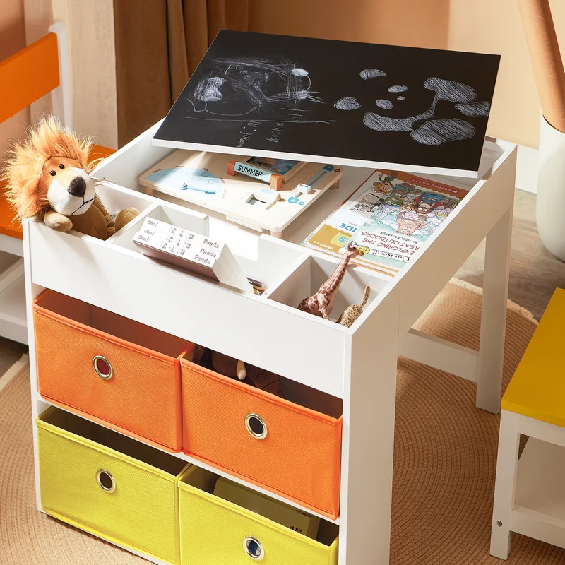 SoBuy KMB75-K-W Ensemble Table et Chaises Enfant Rangement Fonctionnel et Compact, pour Chambre d’Enfant, Rangement Optimisé, Pratique – L60×P60×H50 cm, Blanc