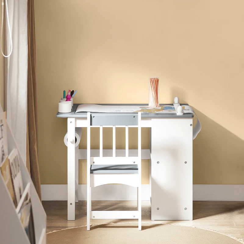 SoBuy KMB60-HG Ensemble Table et Chaise Enfant avec 1 porte-rouleau de papier, 1 sortie de papier, 1 locateur de papier et 3 emplacements pour stylos