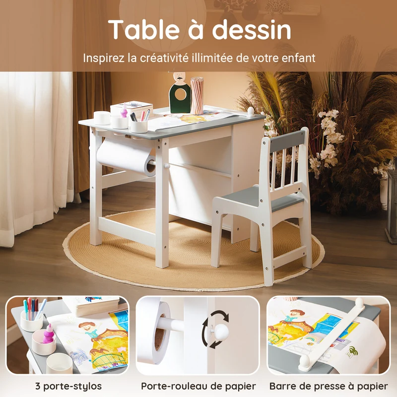 SoBuy KMB60-HG Ensemble Table et Chaise Enfant avec 1 porte-rouleau de papier, 1 sortie de papier, 1 locateur de papier et 3 emplacements pour stylos