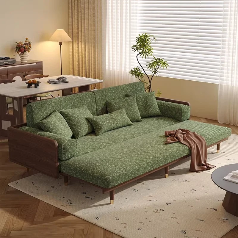 Canapé-lit en frêne massif avec tissu chenille à motif trèfle à quatre feuilles