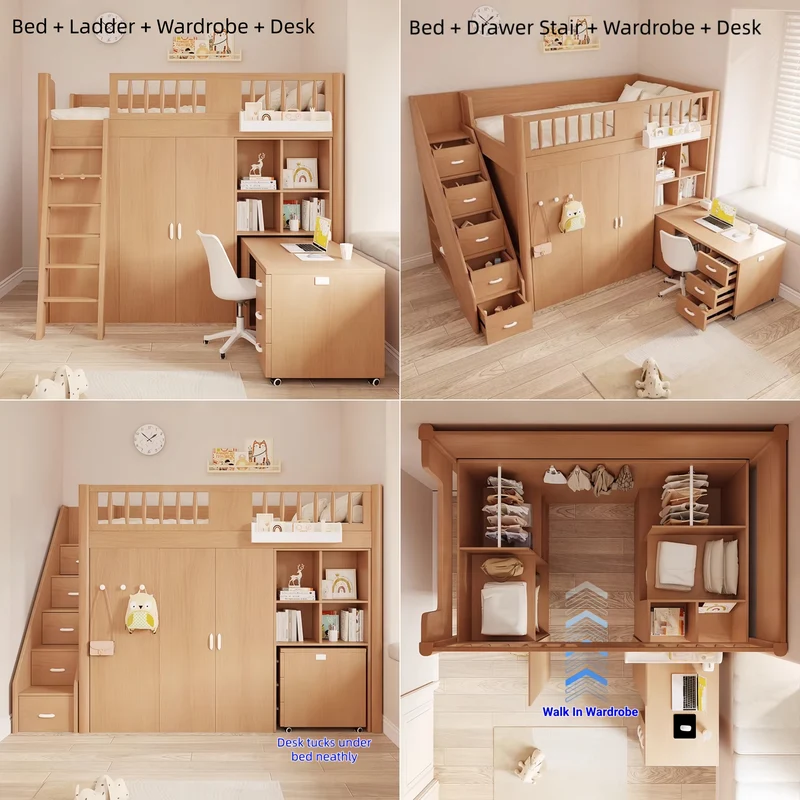 Lit mezzanine tout-en-un gain de place pour enfant avec armoire, bibliothèque et bureau intégrés