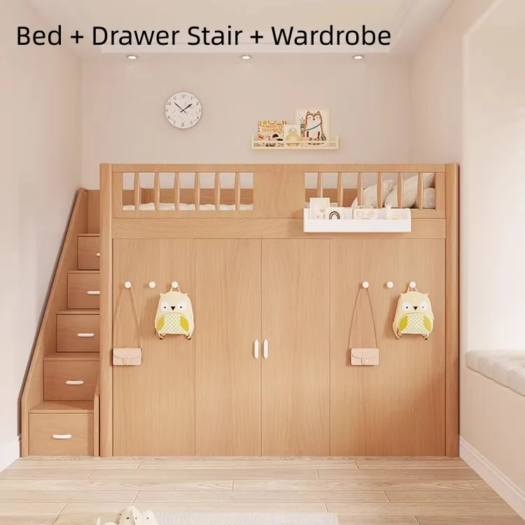 Lit mezzanine tout-en-un gain de place pour enfant avec armoire, bibliothèque et bureau intégrés