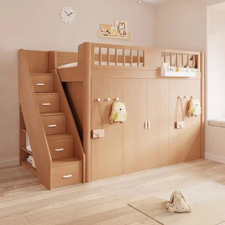 Lit mezzanine tout-en-un gain de place pour enfant avec armoire, bibliothèque et bureau intégrés