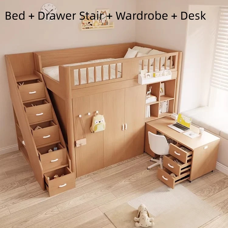 Lit mezzanine tout-en-un gain de place pour enfant avec armoire, bibliothèque et bureau intégrés