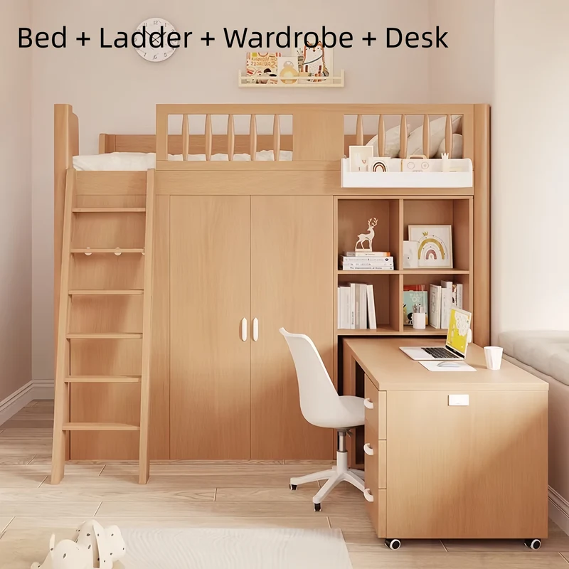 Lit mezzanine tout-en-un gain de place pour enfant avec armoire, bibliothèque et bureau intégrés
