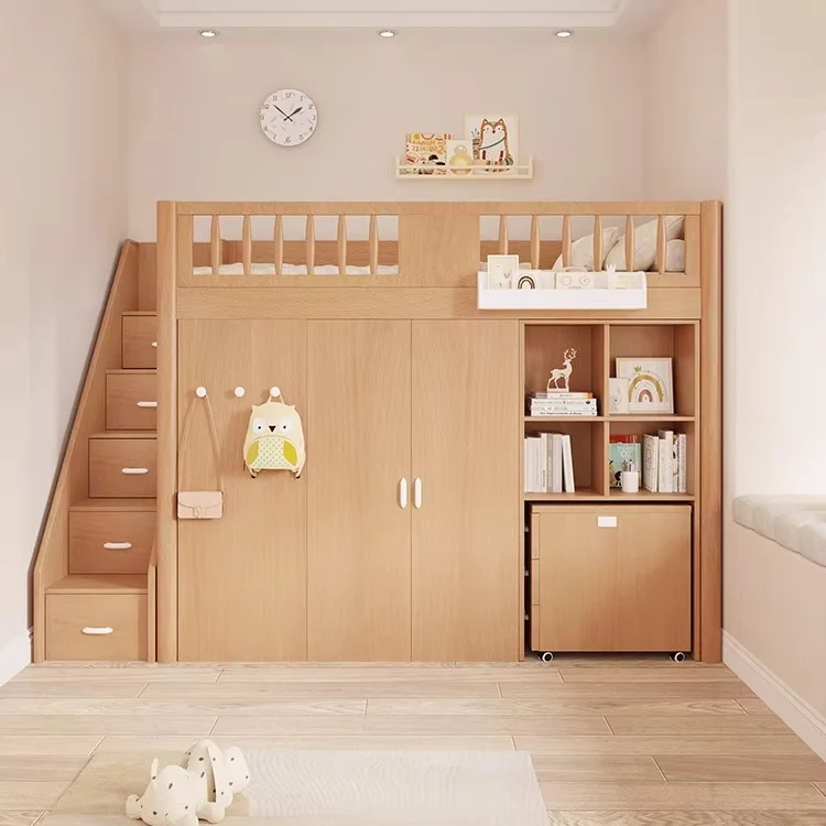 Lit mezzanine tout-en-un gain de place pour enfant avec armoire, bibliothèque et bureau intégrés