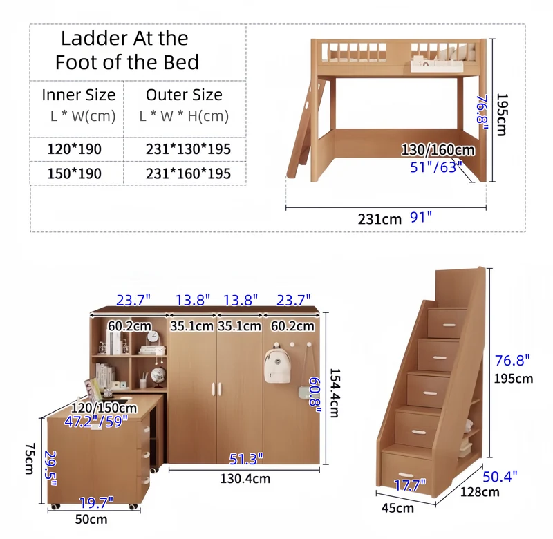 Lit mezzanine tout-en-un gain de place pour enfant avec armoire, bibliothèque et bureau intégrés