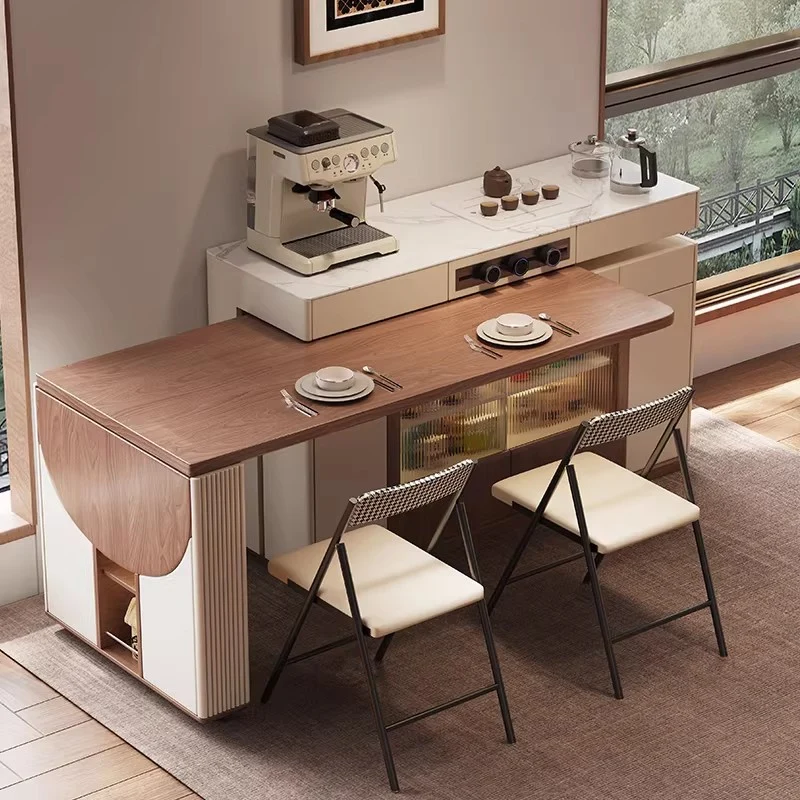 Îlot de cuisine multifonctionnel avec table pivotante à 180° et plateau semi-circulaire rabattable