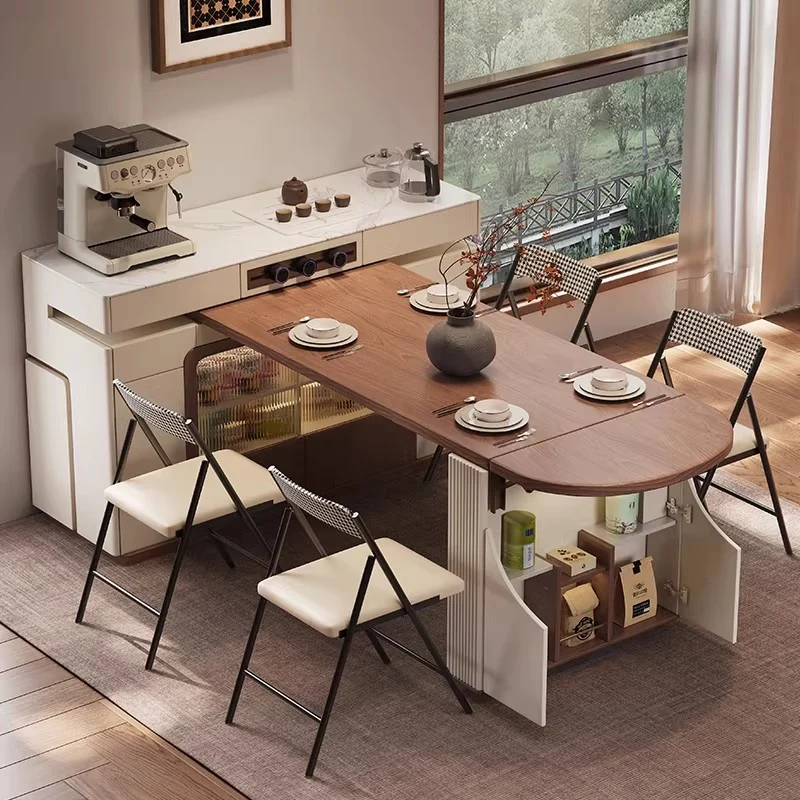 Îlot de cuisine multifonctionnel avec table pivotante à 180° et plateau semi-circulaire rabattable