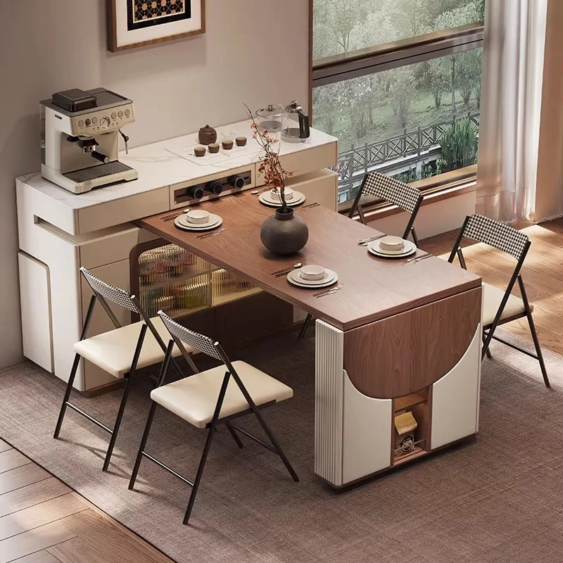Îlot de cuisine multifonctionnel avec table pivotante à 180° et plateau semi-circulaire rabattable