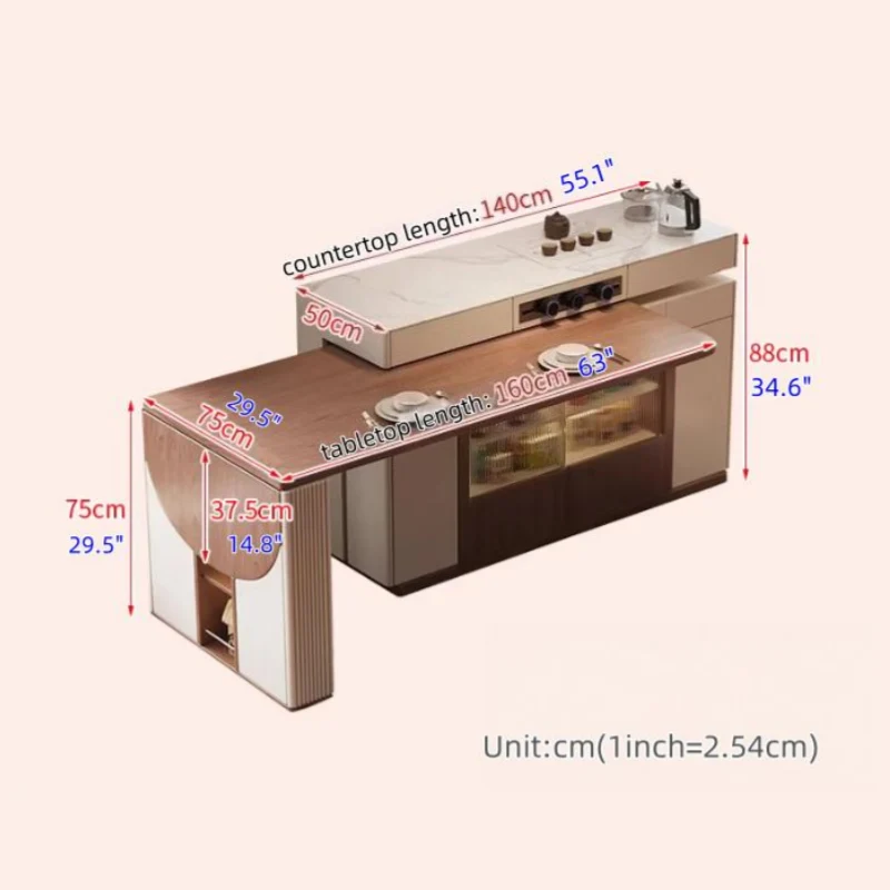 Îlot de cuisine multifonctionnel avec table pivotante à 180° et plateau semi-circulaire rabattable