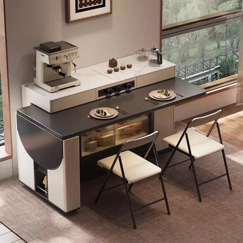 Îlot de cuisine multifonctionnel avec table pivotante à 180° et plateau semi-circulaire rabattable