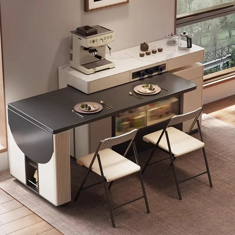 Îlot de cuisine multifonctionnel avec table pivotante à 180° et plateau semi-circulaire rabattable