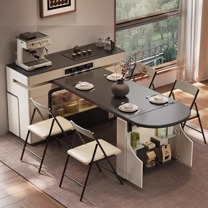 Îlot de cuisine multifonctionnel avec table pivotante à 180° et plateau semi-circulaire rabattable